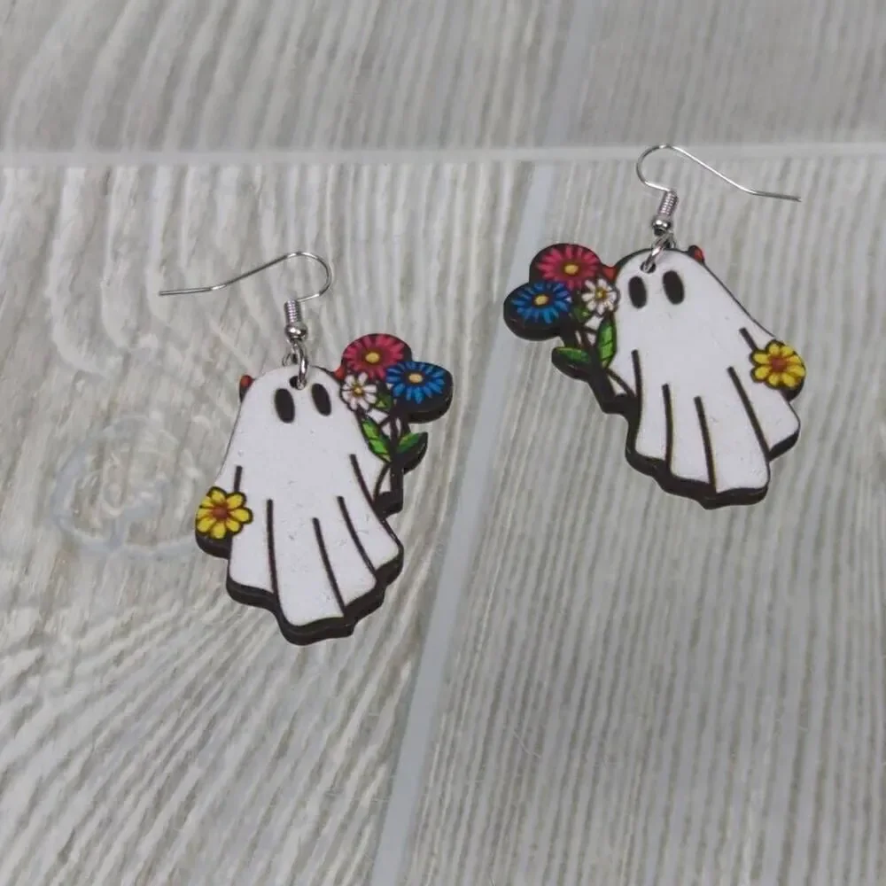 Halloween Spooky Ghost with Flowers Wire Dangle Earrings White 1.5